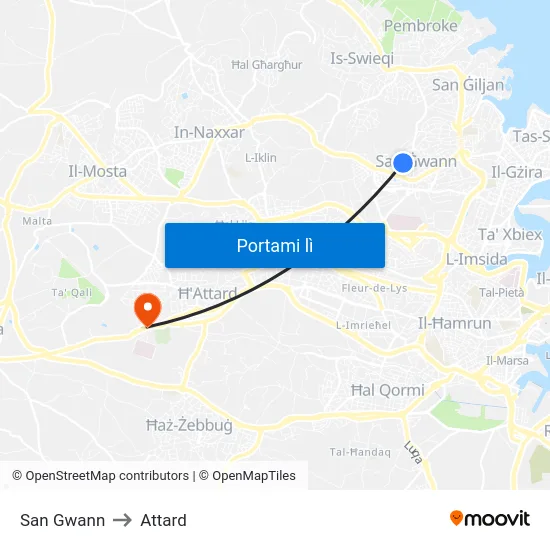 San Gwann to Attard map