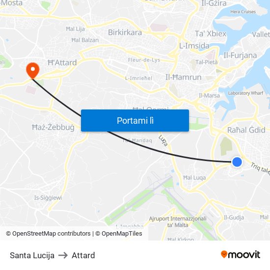Santa Lucija to Attard map
