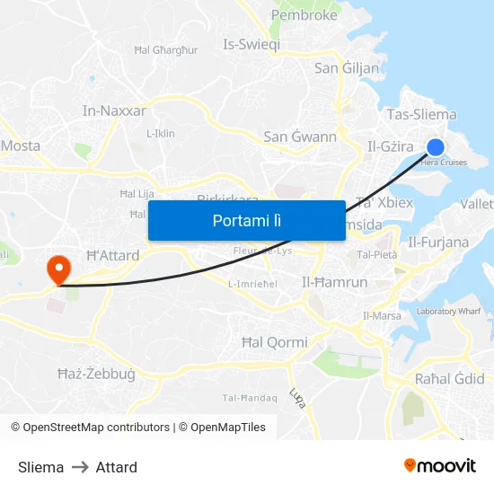 Sliema to Attard map