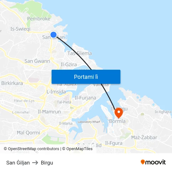 San Ġiljan to Birgu map