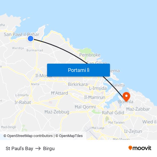 St Paul's Bay to Birgu map