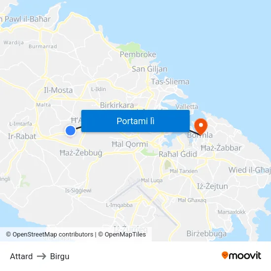 Attard to Birgu map