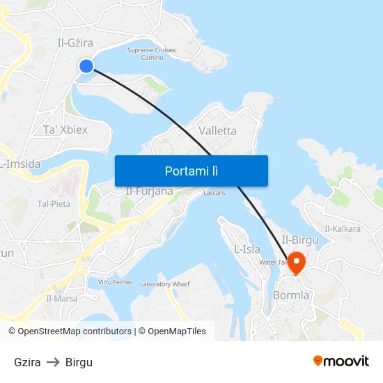 Gzira to Birgu map