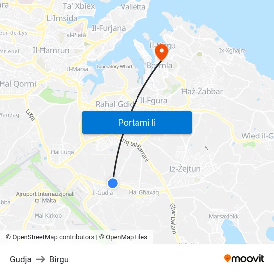 Gudja to Birgu map