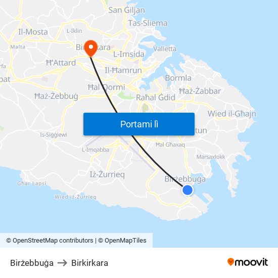 Birżebbuġa to Birkirkara map