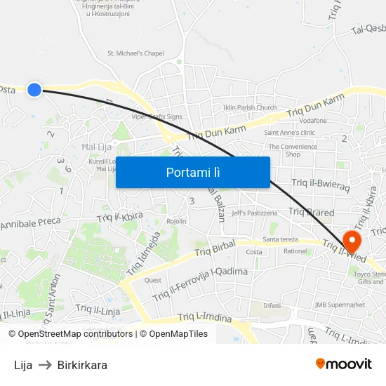 Lija to Birkirkara map