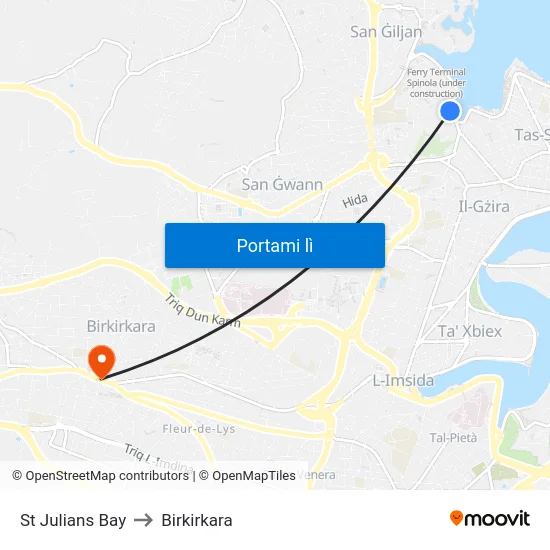 St Julians Bay to Birkirkara map