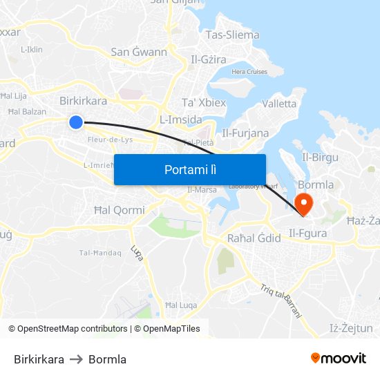 Birkirkara to Bormla map