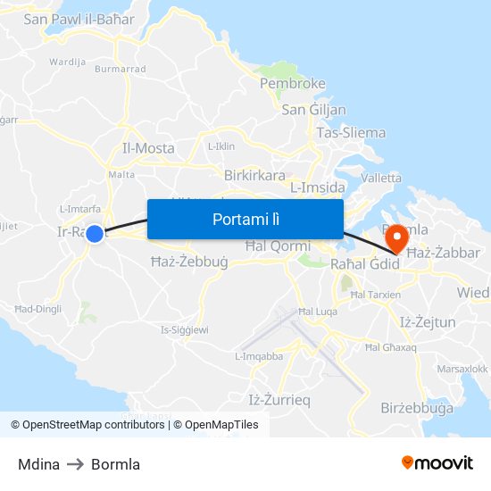 Mdina to Bormla map