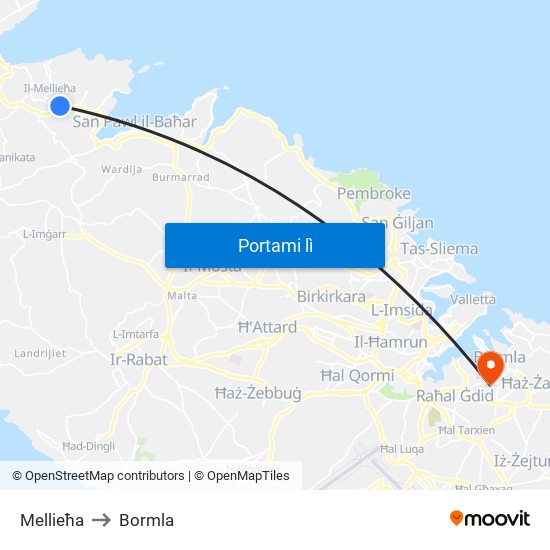 Mellieħa to Bormla map