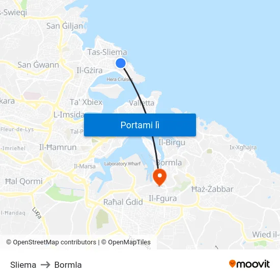 Sliema to Bormla map