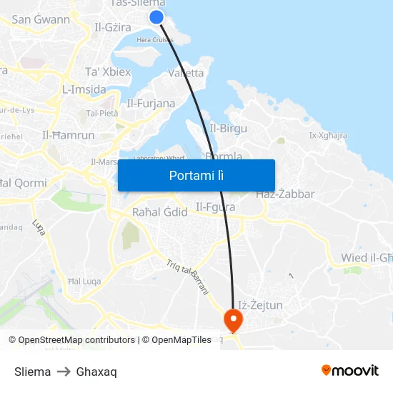 Sliema to Ghaxaq map