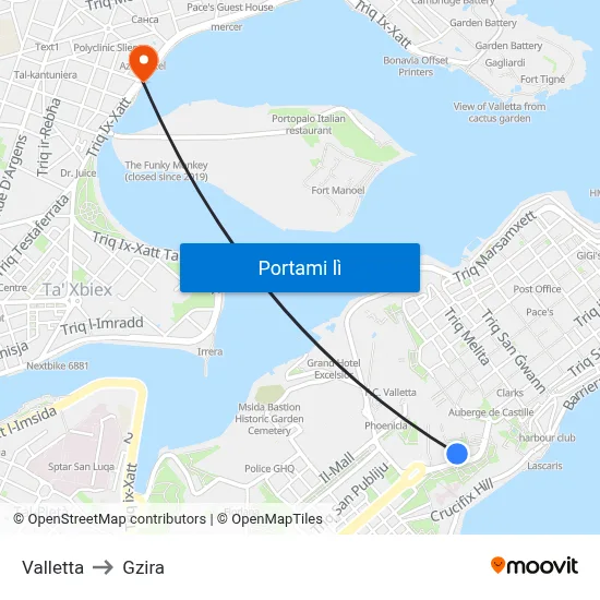 Valletta to Gzira map