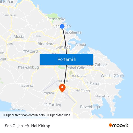 San Ġiljan to Hal Kirkop map