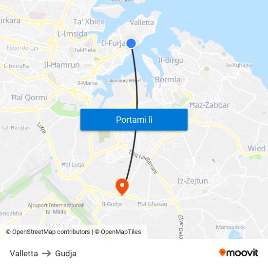 Valletta to Gudja map