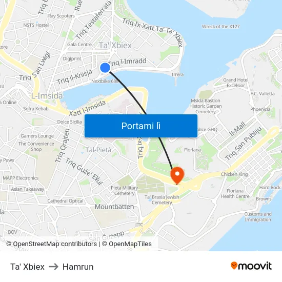 Ta' Xbiex to Hamrun map