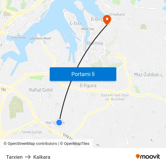 Tarxien to Kalkara map