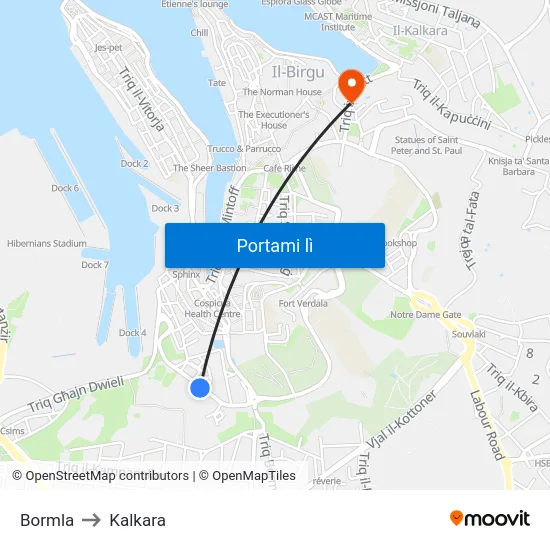 Bormla to Kalkara map