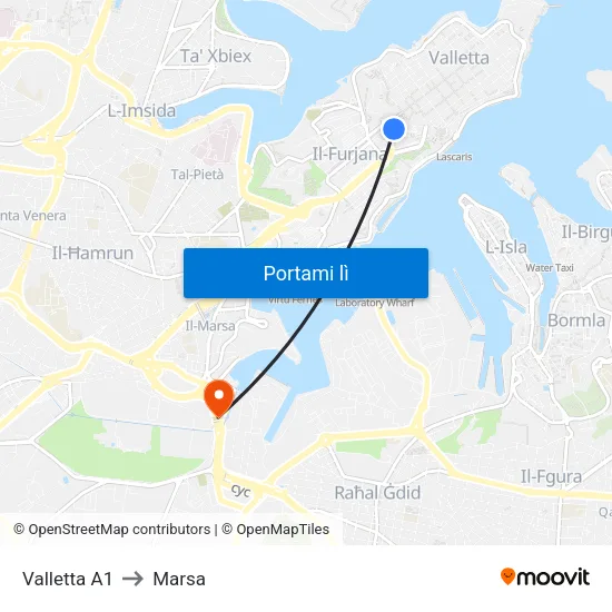Valletta A1 to Marsa map