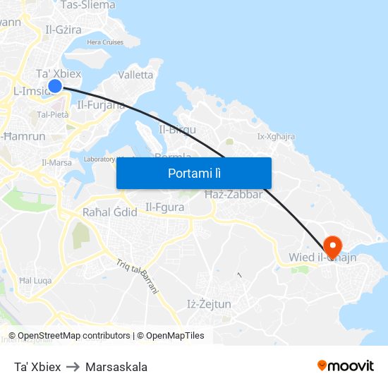 Ta' Xbiex to Marsaskala map