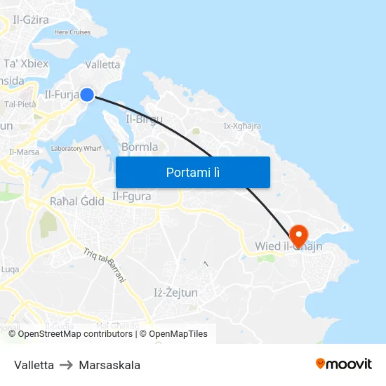 Valletta to Marsaskala map