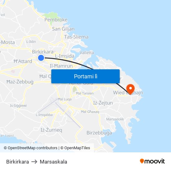 Birkirkara to Marsaskala map