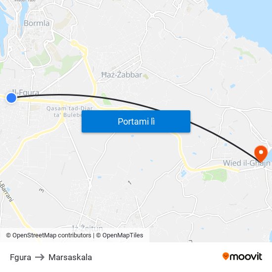 Fgura to Marsaskala map
