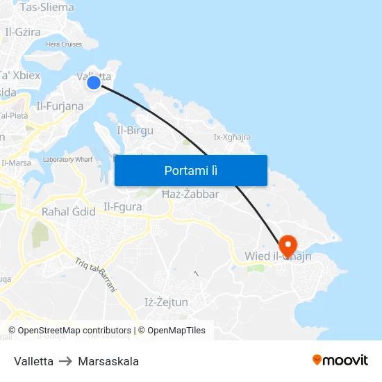 Valletta to Marsaskala map