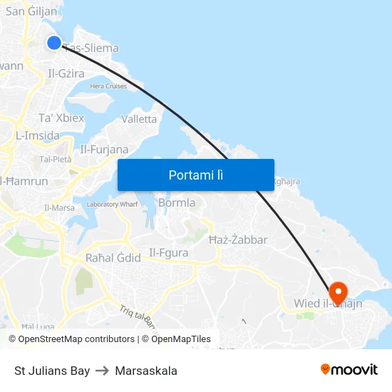 St Julians Bay to Marsaskala map