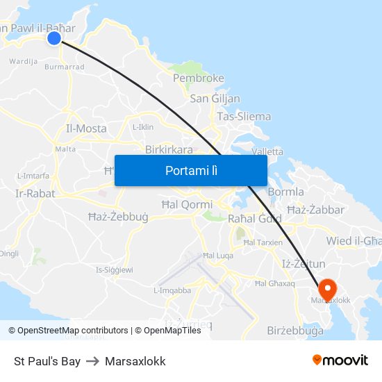 St Paul's Bay to Marsaxlokk map