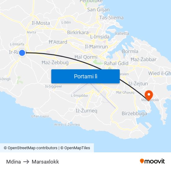 Mdina to Marsaxlokk map