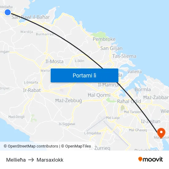 Mellieħa to Marsaxlokk map