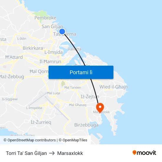 St. Julians Tower to Marsaxlokk map