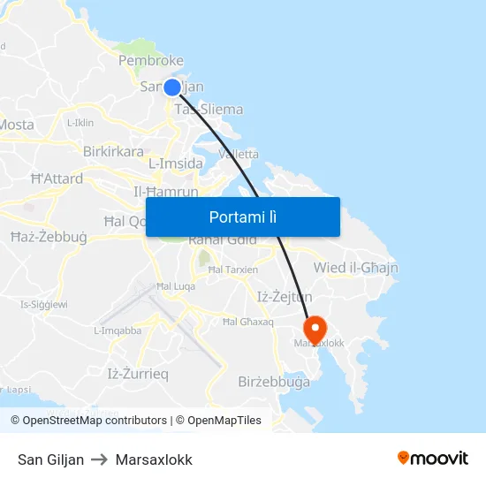 San Giljan to Marsaxlokk map