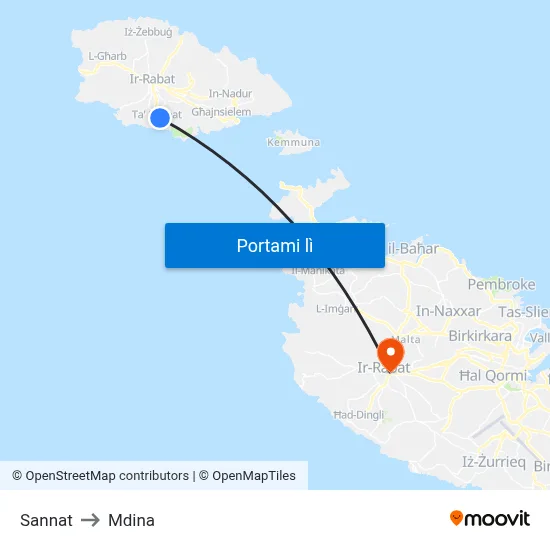 Sannat to Mdina map