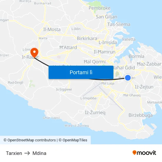 Tarxien to Mdina map