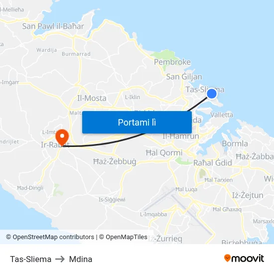 Tas-Sliema to Mdina map