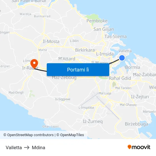 Valletta to Mdina map