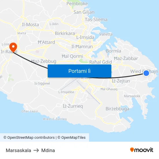 Marsaskala to Mdina map