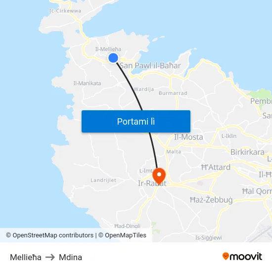 Mellieħa to Mdina map