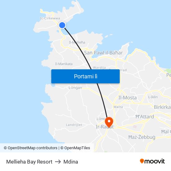 Mellieha Bay Resort to Mdina map