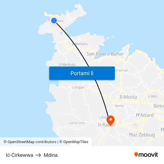 Iċ-Ċirkewwa to Mdina map