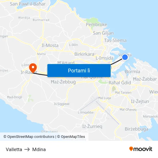Valletta to Mdina map