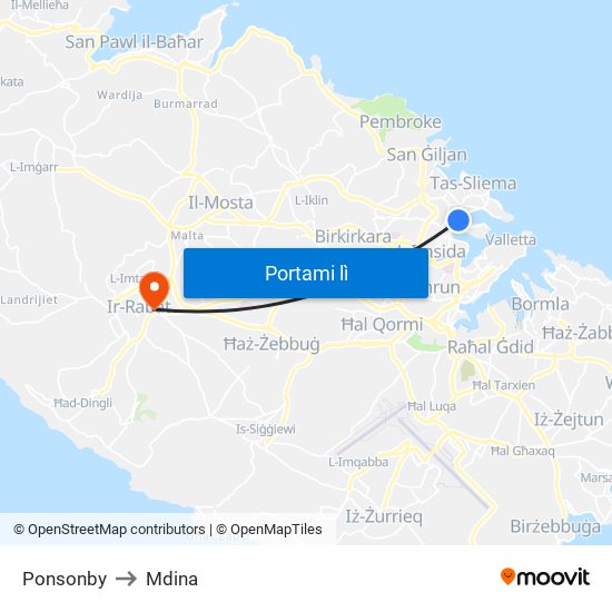 Ponsonby to Mdina map