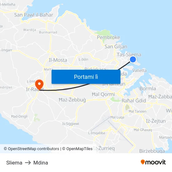 Sliema to Mdina map