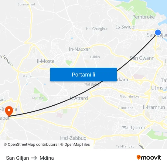 San Giljan to Mdina map