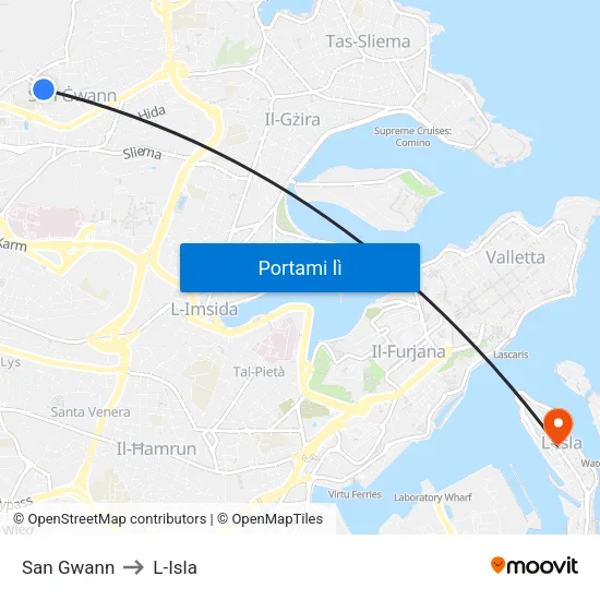San Gwann to L-Isla map