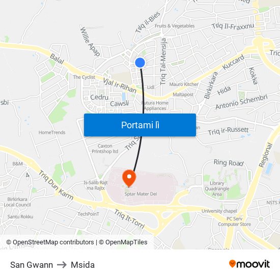 San Gwann to Msida map