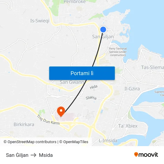 San Ġiljan to Msida map