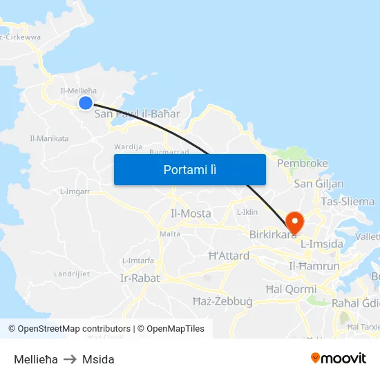 Mellieħa to Msida map